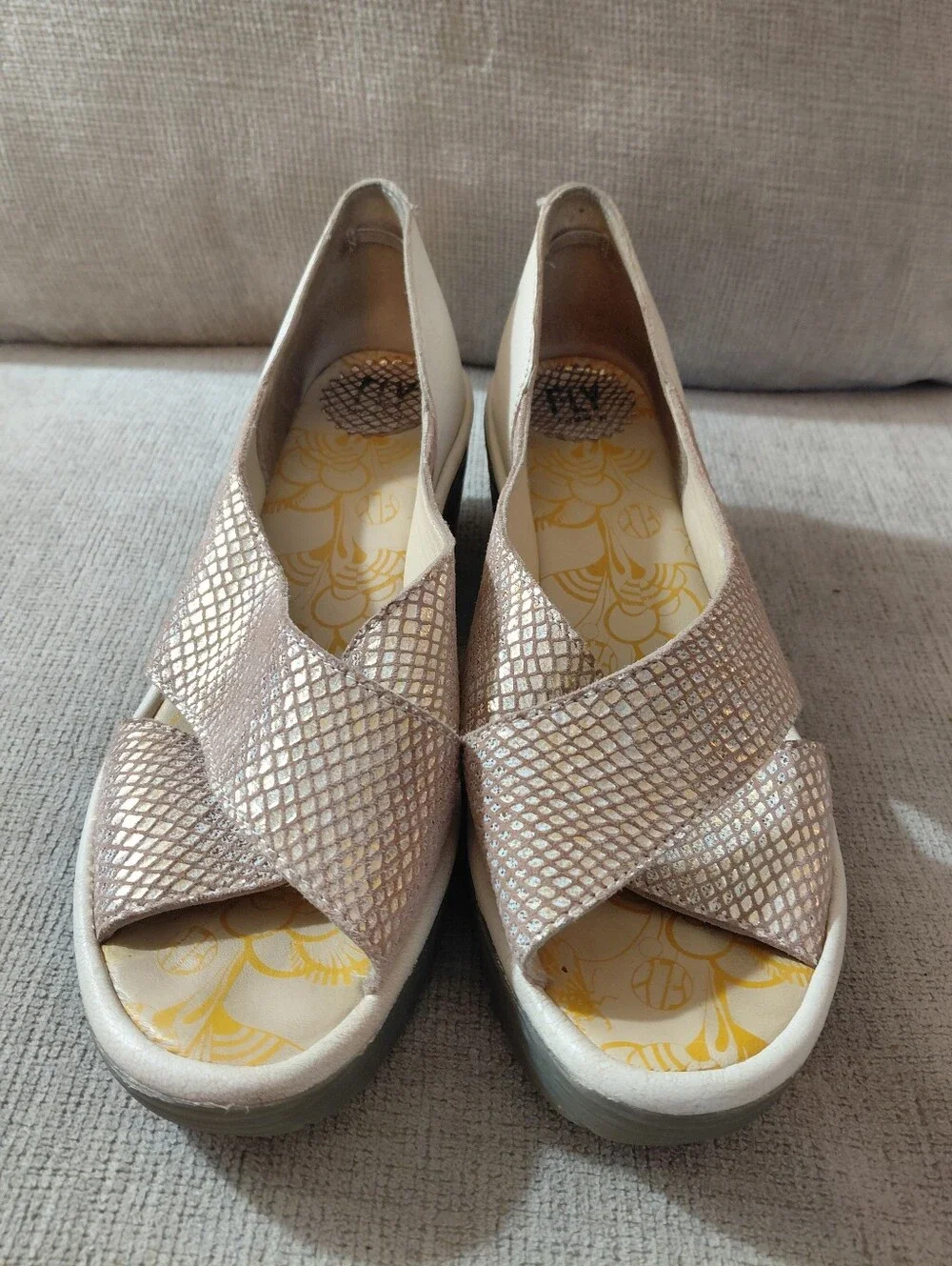Fly London Cream Metallic Wedge Sandals